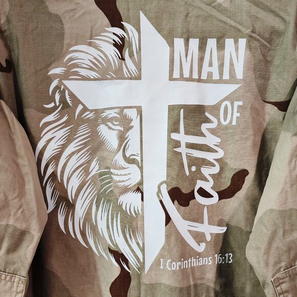 Man of Faith Upcycled U.S. Navy Gulf War Desert Storm Camo Military Camo Jacket - Picture 3 of 8